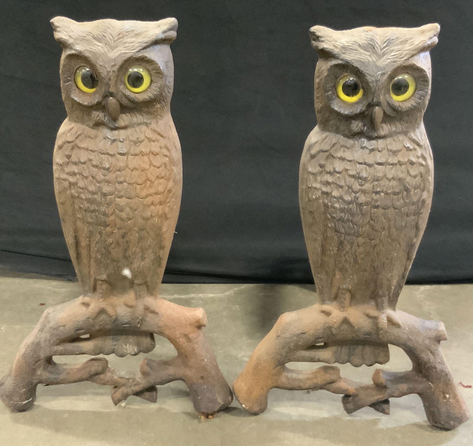 Pair HOWE Antique Owl Figural Iron Andirons, USA (1 of 12)