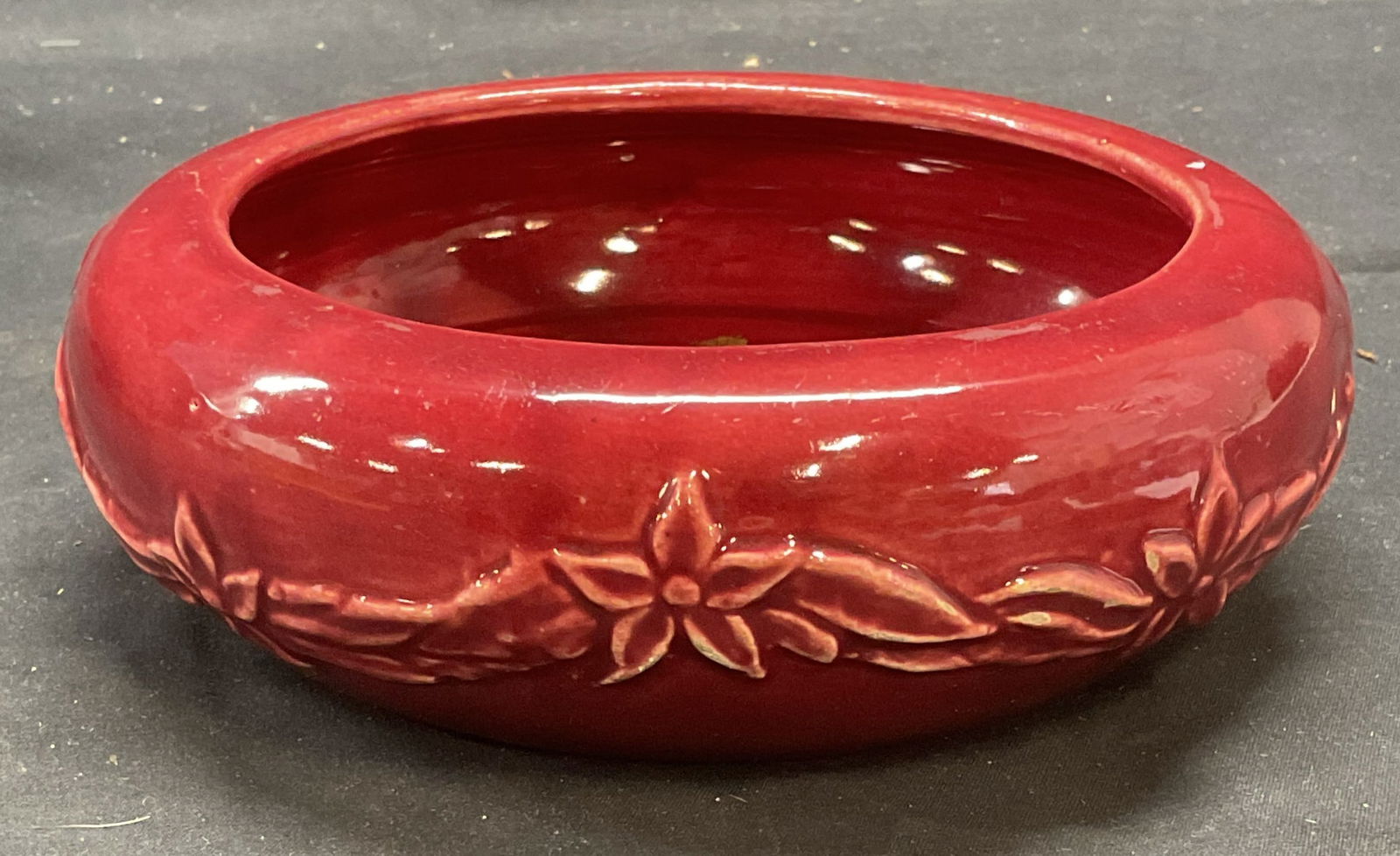Vintage Red Floral Art Pottery Vase Bowl (1 of 6)