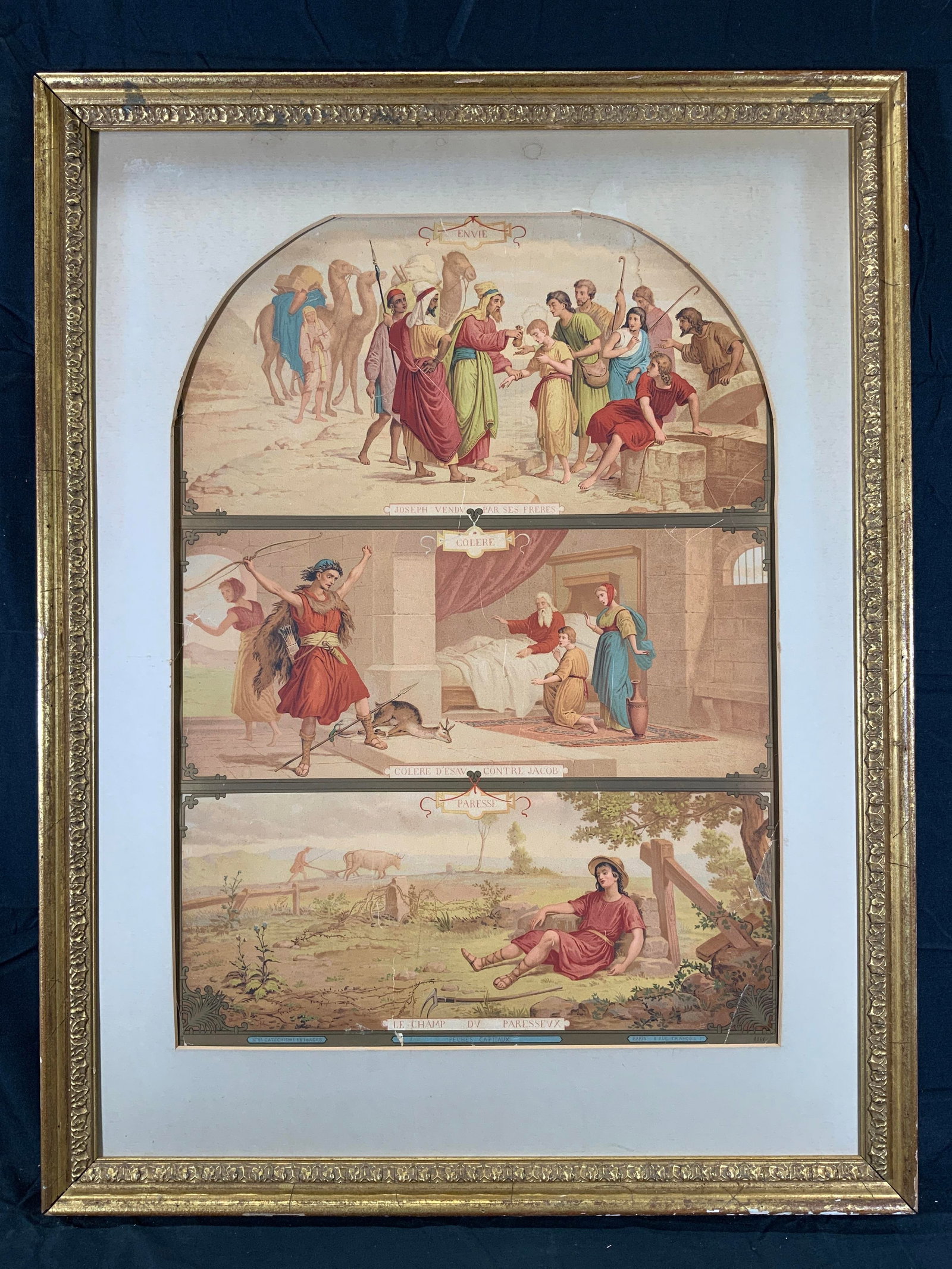 1867 Antique French Chatechism Lithograph: Chromolithograph on paper. Subject depicts chatechism in pictures. Dated in lower right corner. Top title reads Envy, middle reads Anger, C Esavs Anger Against Jacob. Bottom text reads Laziness, key t
