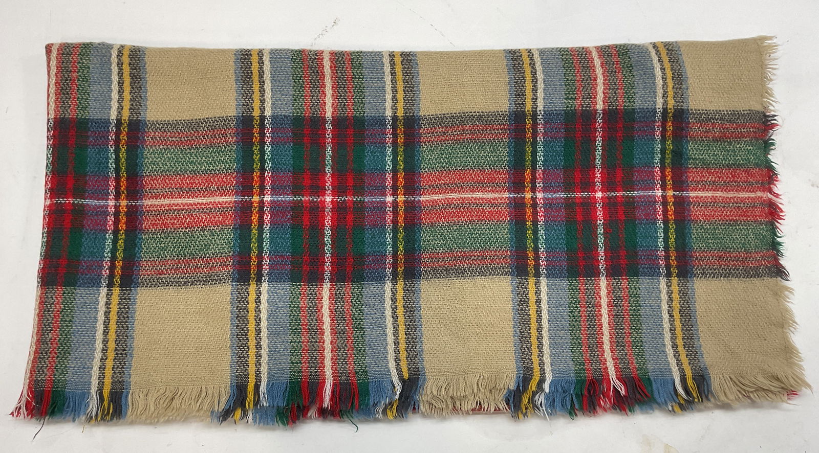 Beige & Red Multi Plaid Fringe Wool Scarf (1 of 6)