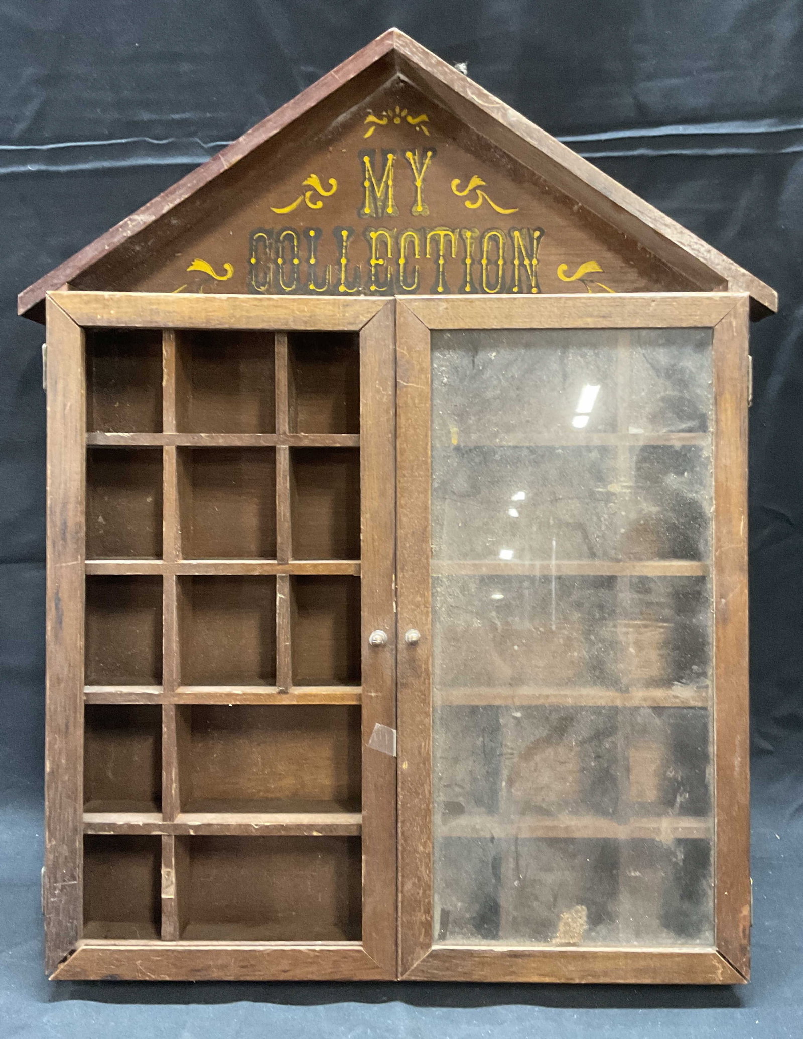 Wooden Collectors Curio Cabinet Display: Wooden collectors curio cabinet display. Hand painted detail reads My Collection. Two doors, one with glass panel. Fitted compartments to interior cabinet. Total dimensions approx. 15.5 x 19 inches, a