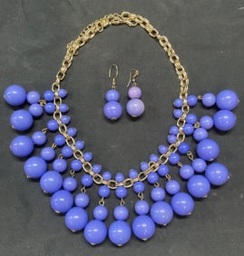 Set Gold Tn Purple Beaded Necklace & Earrings