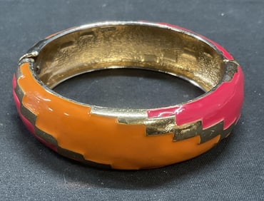 Gold Tn Pink & Orange Enamel Bangle Bracelet