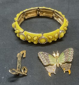 Lot 3 Yellow Enamel Bracelet, Butterfly, Brooch +