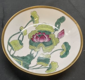 Signed Chinese Porcelain & Brass Lotus Bowl