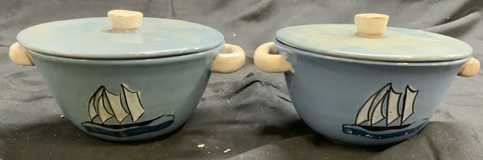 S ZENO Pr Hand Painted Porc Vessels W Lids