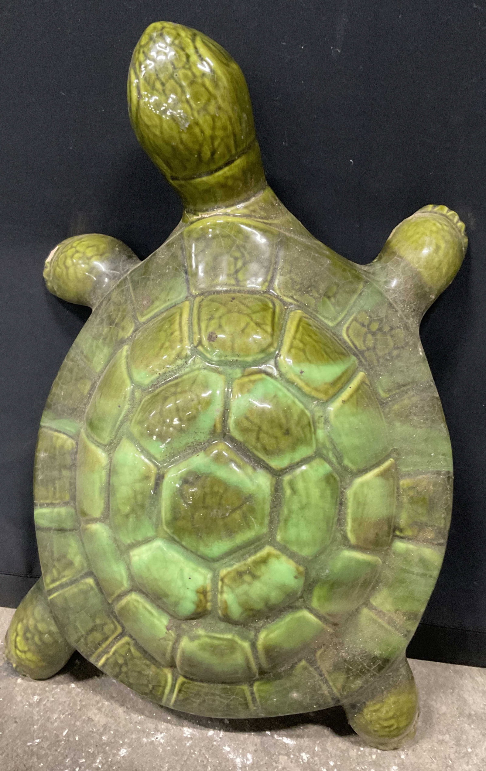 Vintage Green Glazed Ceramic Turtle Figural: A vintage green glazed ceramic turtle figural. Measures approx. 5H x 16D x 11W in. Chipping, losses to glaze, crazing, and surface wear present. home decor, home accents, homewares, housewares, home a
