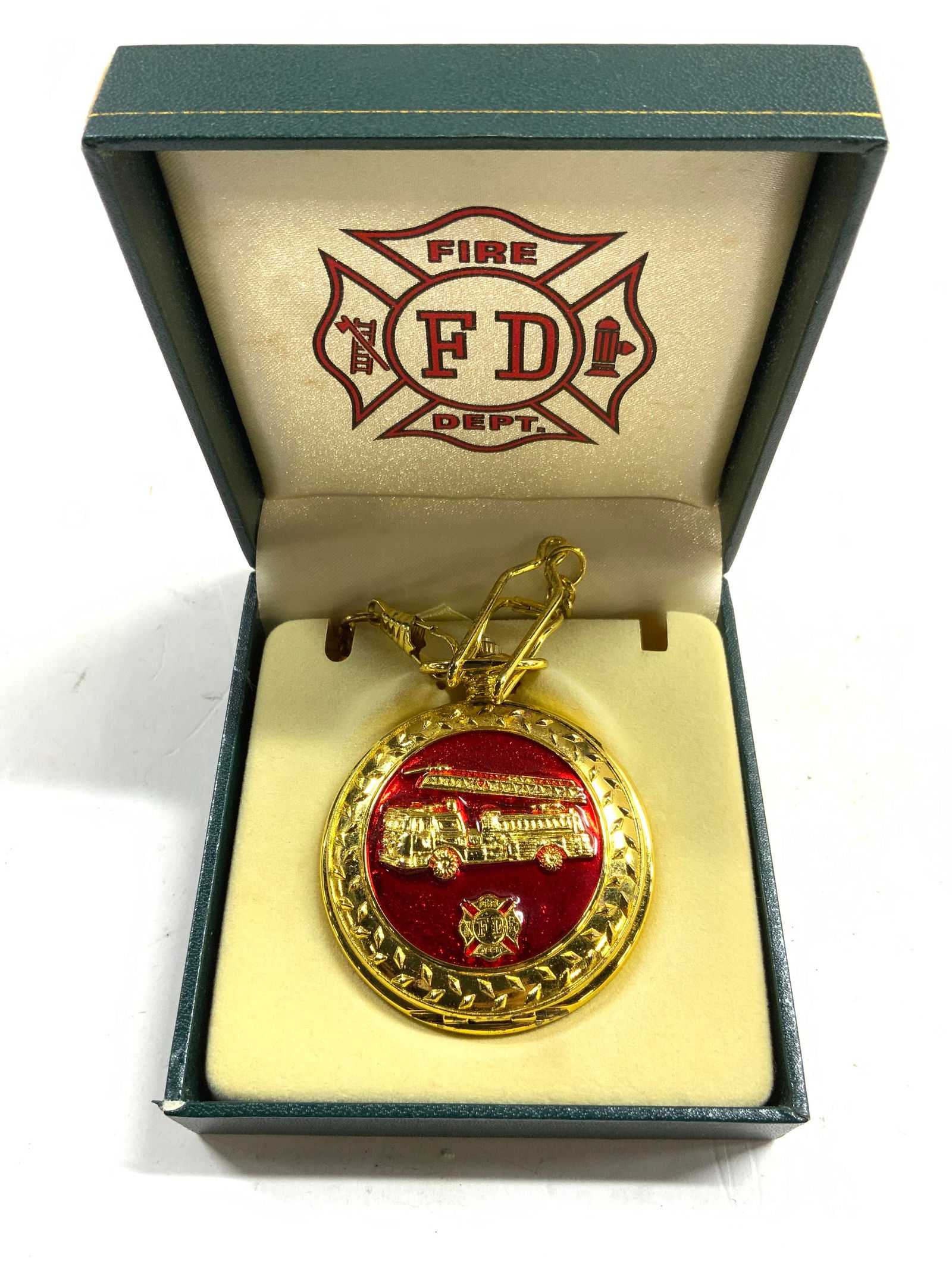 Gilt Metal & Enamel Fire Dept Pocket Watch W Box (1 of 8)