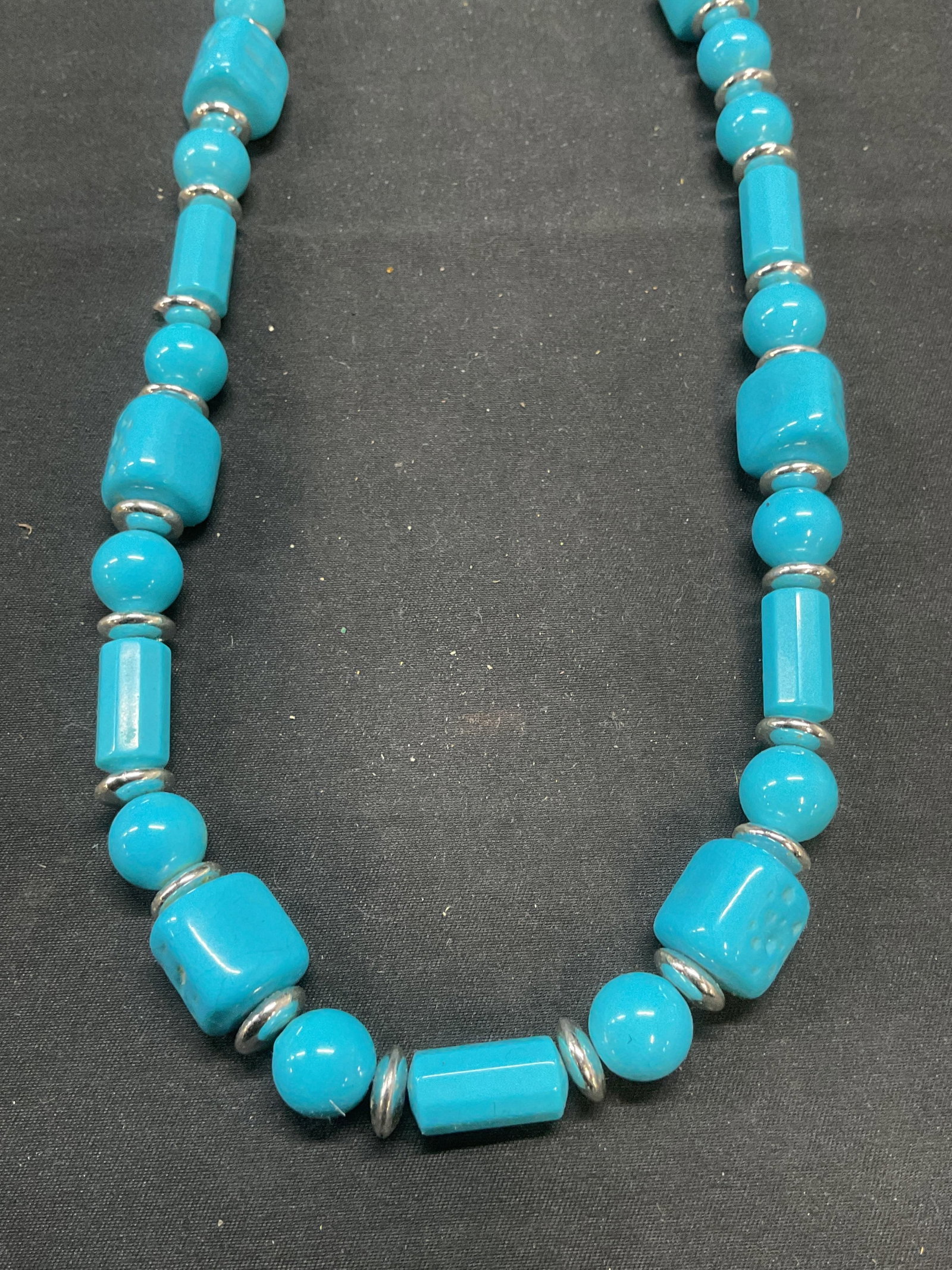 Turquoise Style Silver Tone Beaded Necklace: Beaded necklace with turquoise style and silver tone beads. Drop length approx. 13 inches. Some surface wear including scratching observed. Jewelry, estate jewelry, costume jewelry, cocktail jewelry, 