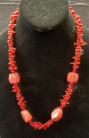 Faux Red Coral & Crystal Beaded Necklace
