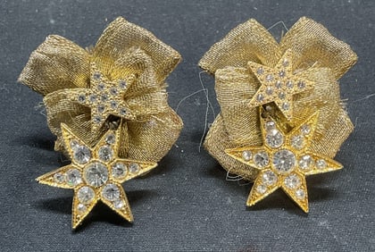 Gold Tone Ribbon & Star Crystal Earrings
