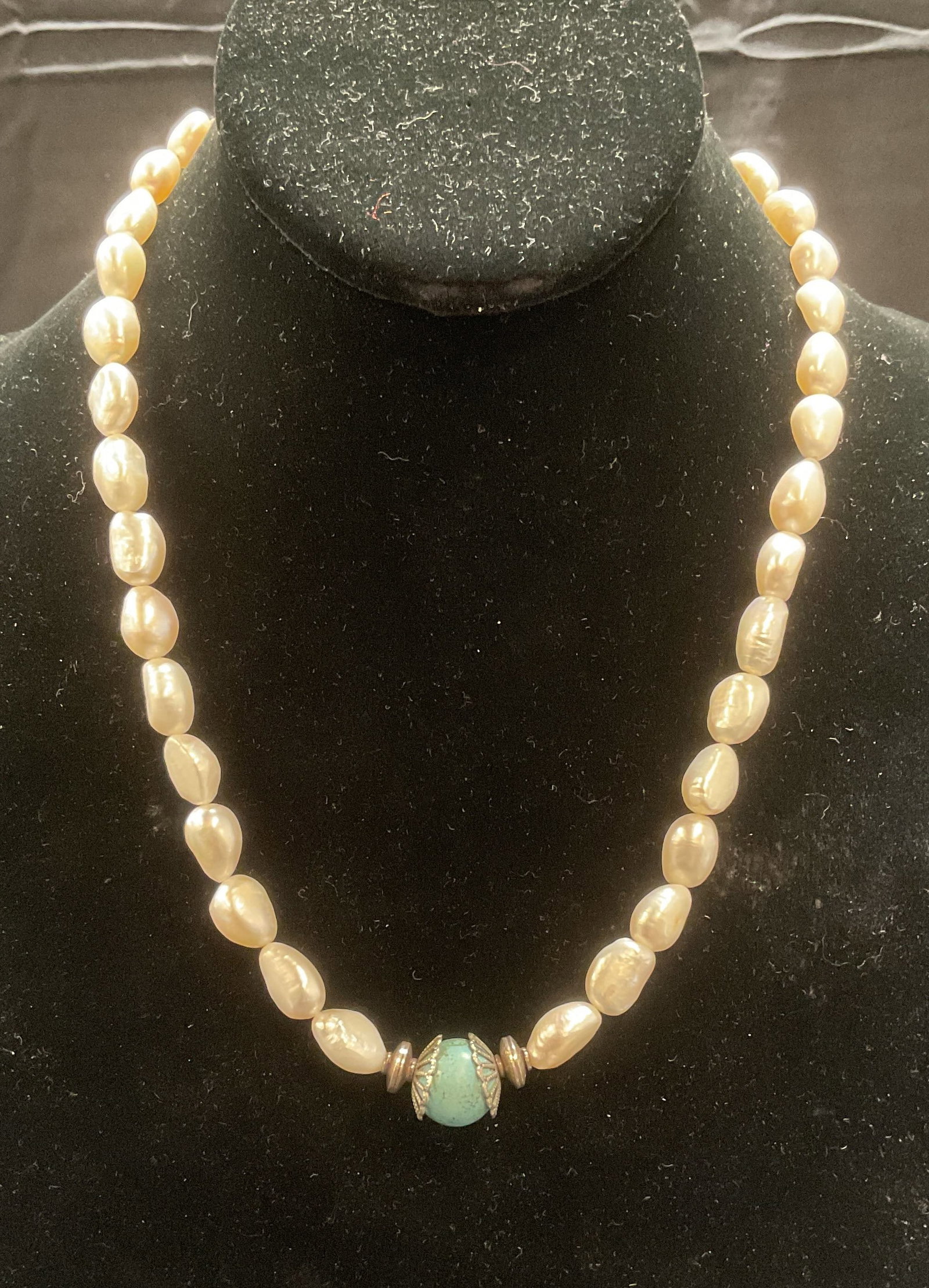 Pearl Beaded Turquoise Style Choker Necklace: Necklace with pearl beads and round turquoise style accent bead. Drop length approx. 9 inches. Clasp marked sterling. Total weight 39.6 grams. Some surface wear including scratching observed. Jewelry,