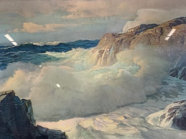 Crashing Wave on Rocky Shore Framed Lithograph