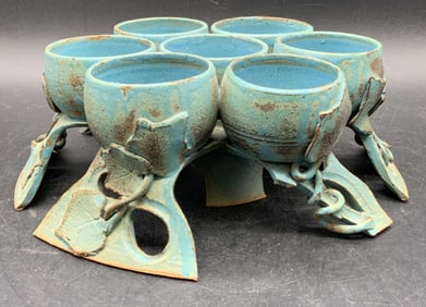 Artist Signed Handmade Blue Glazed Pottery Vessel