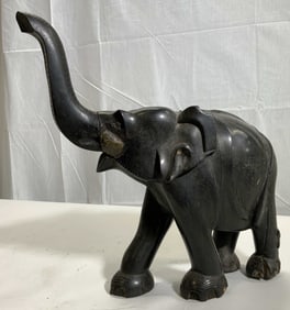 Vintage Carved Black Wooden Elephant Statue