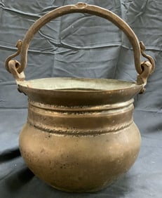 Vntg Copper Over White Metal Plant Pot W Handle