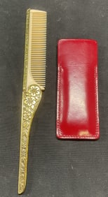 Vntg Gold Tone Folding Comb & Leather Case