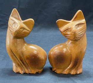 Pair Carved Wood Cat Figurals