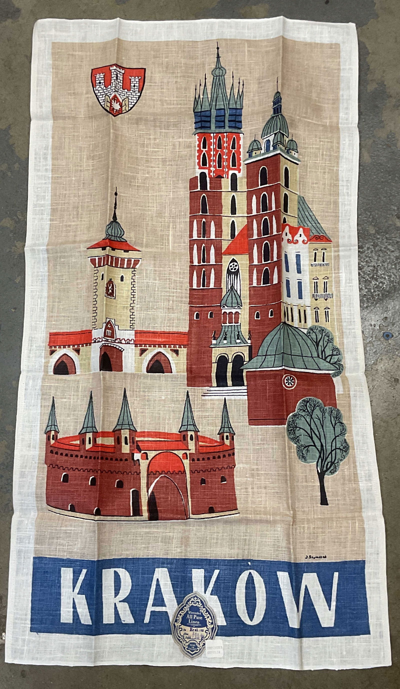 Vintage Krakow Polish Linen Tea Towel: Vintage Krakow linen tea towel. Made in Poland. Printed linen with city motif. Measures approx. 32 x 17 inches. Some wear to material consistent with exposure. Krakow, krakow tea towel, Polish tea tow