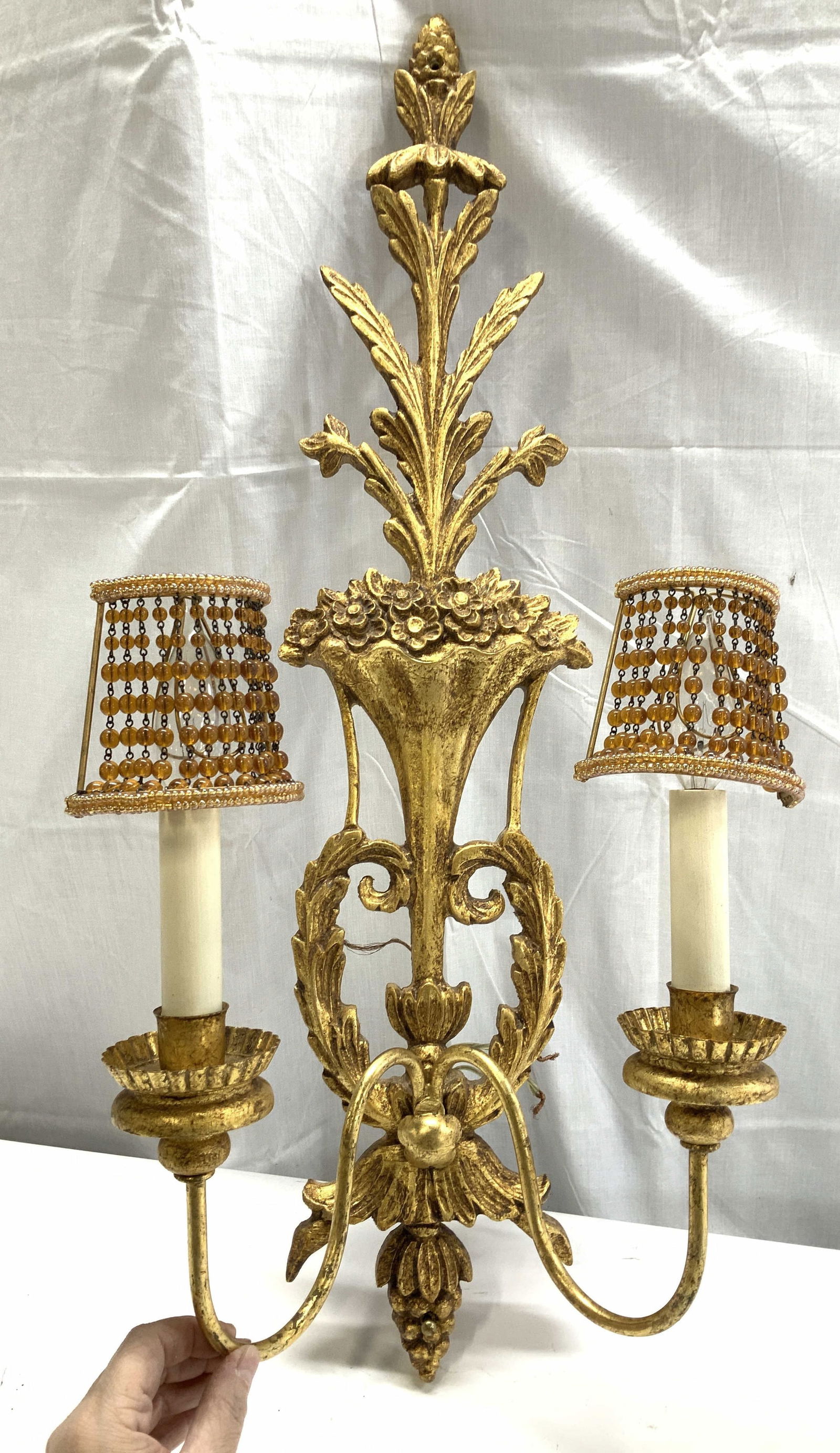 Giltwood Dbl Arm Light Sconce w  Beaded Shades (1 of 9)