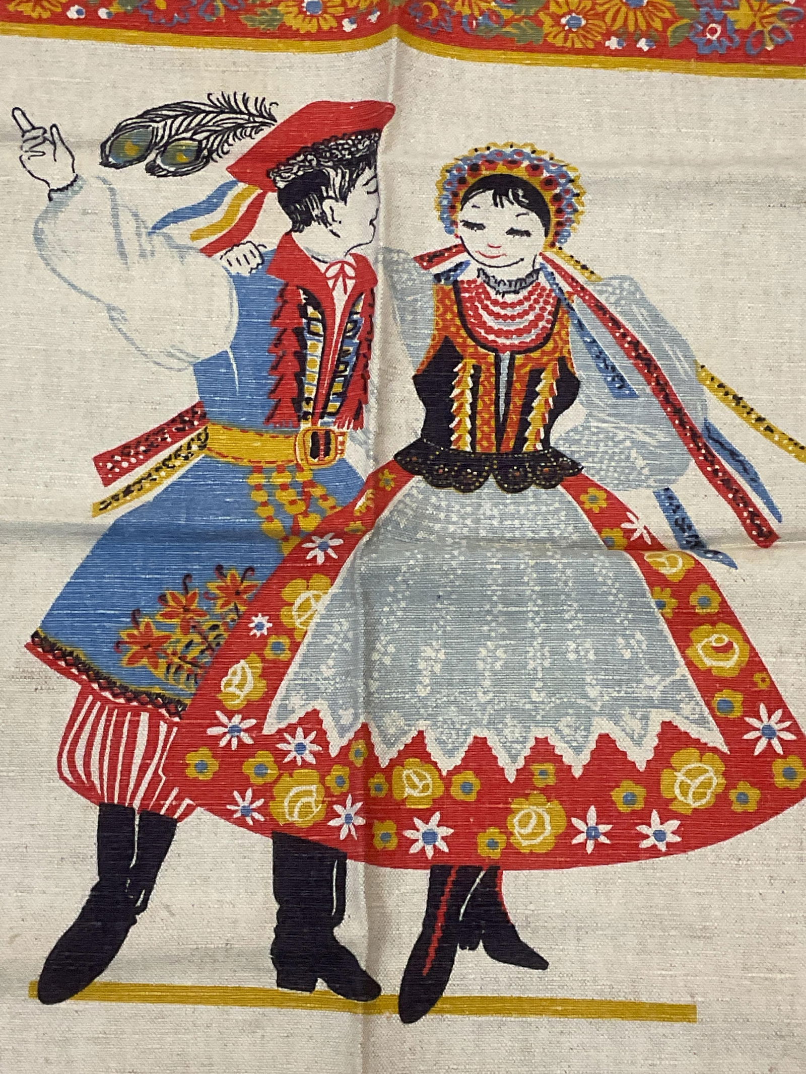 Vintage Polish Dancers Linen Tea Towel: Vintage linen tea towel with printed Polish dancer motif. Made in Poland. Measures approx. 25 x 15.5 inches. Some wear to material consistent with exposure. Tea towel, polish tea towel, linen tea towe
