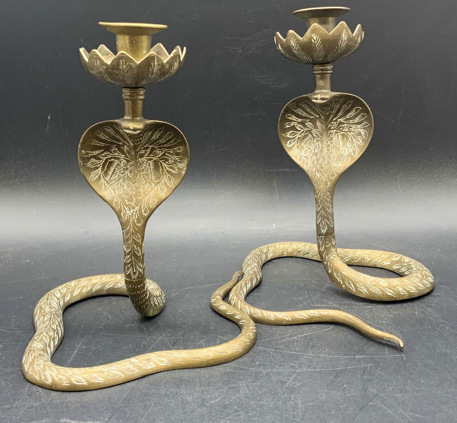 Pair Vintage Etched Brass Cobra Candlesticks (1 of 10)