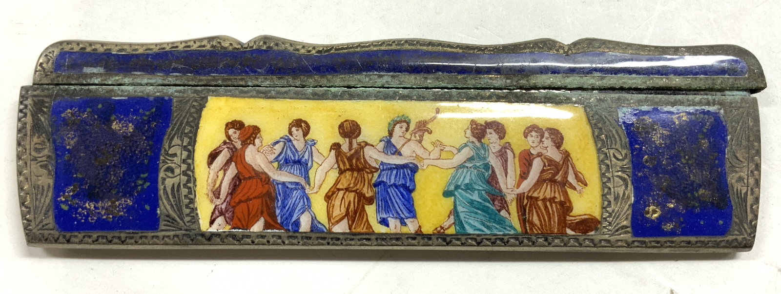 Sterling Silver & Enamel Comb & Case: Comb case & comb has sterling silver overlay with relief detail. Case has a group of dancing female figures. Piece is mid century. Measures approx 4.5 inches long 1.25 inches wide Total Weight approx