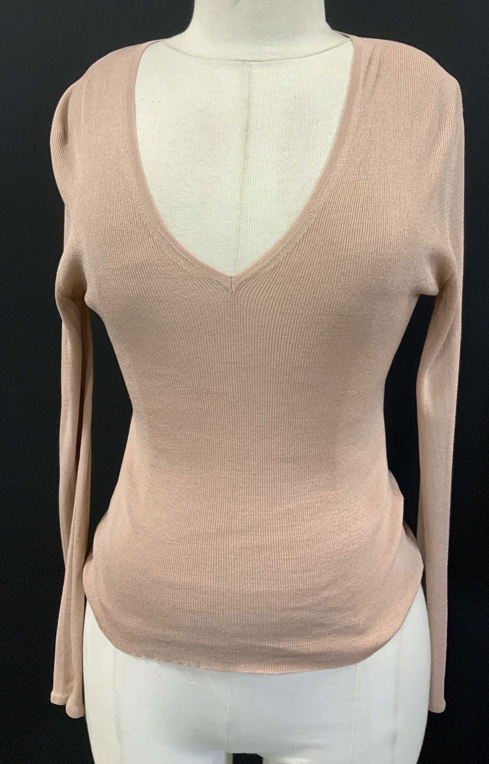 GUCCI Italy Lightweight Knit Top: Petal rose colored knit long sleeve top. Made in Italy. Gucci label affixed. At shoulders knit is pressed out from hanging on hanger. Size small Wearables, gucci top, luxury vintage wear, luxury vinta