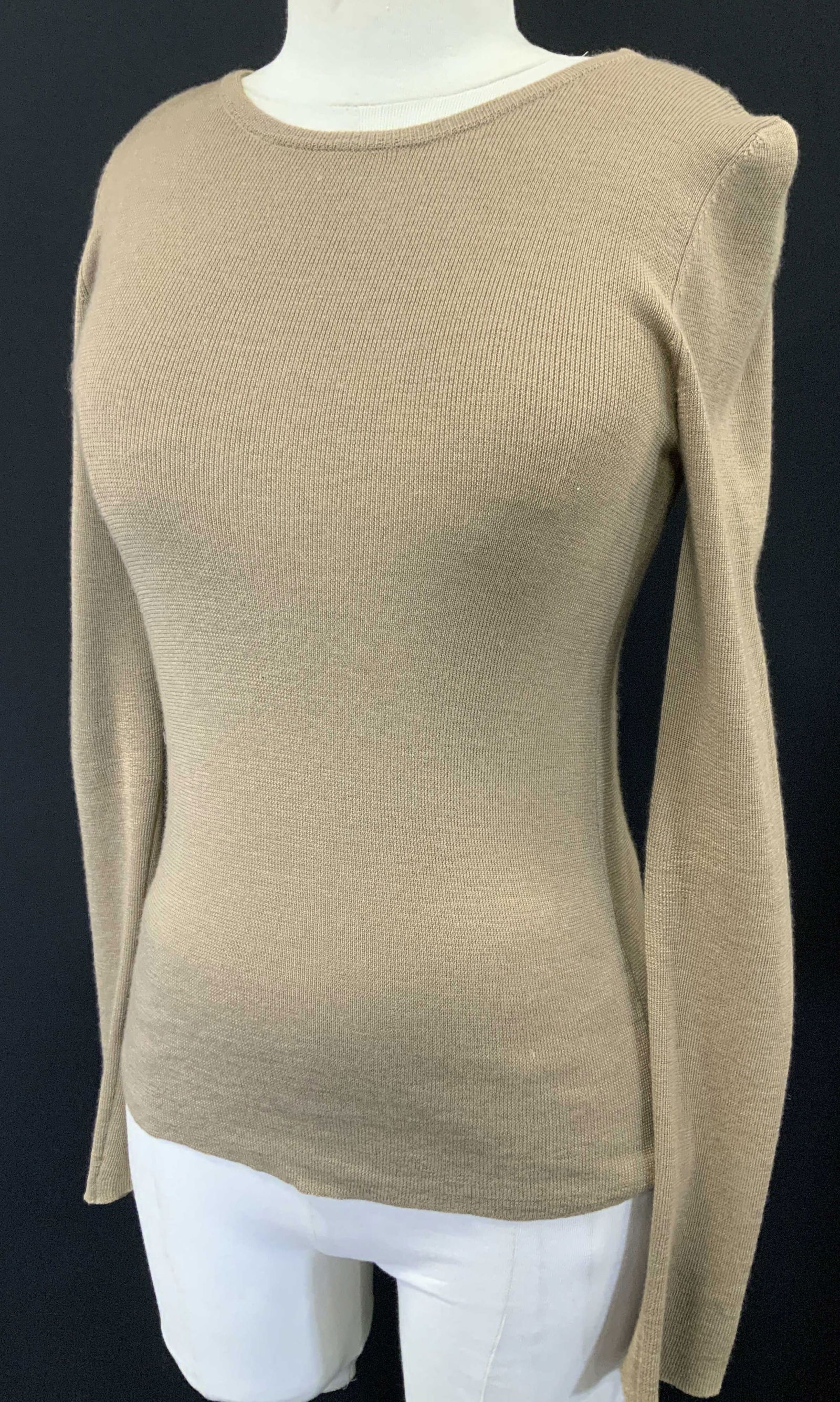 PRADA Lightweight Knit Sweater: Taupe long sleeve knit top. Soft hand. Possibly has some cashmere in the knit. No fabric label Prada label affixed. At shoulders knit is pressed out from hanging on hanger. Size small. Size 40. Mild d