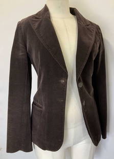 Balenciaga Velour Blazer Jacket, Spain: Vintage Balenciaga chocolate brown velour blazer jacket. Size 38/x- small. Made in Spain. Interior is possibly all silk or a very silky polyester. Fabric label is worn. Balenciaga label affixed, reads