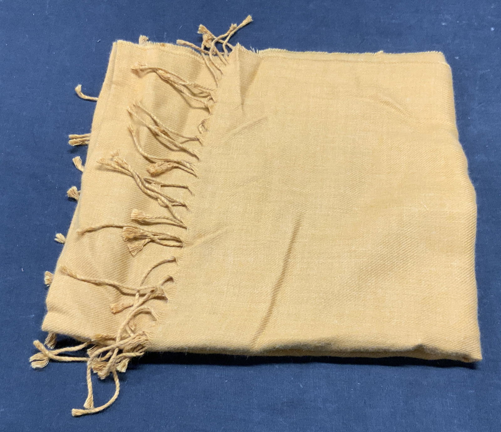 PASHMINA FINISHED Beige Tasseled Shawl / Scarf: A beige shawl / scarf. Tag reads PASHMINA FINISHED. Tassel trim. Measures approx. 76L x 20W in. Some pulling to fabric. Some wear consistent with age, use, and exposure. Wearables, fashion, fashionwar