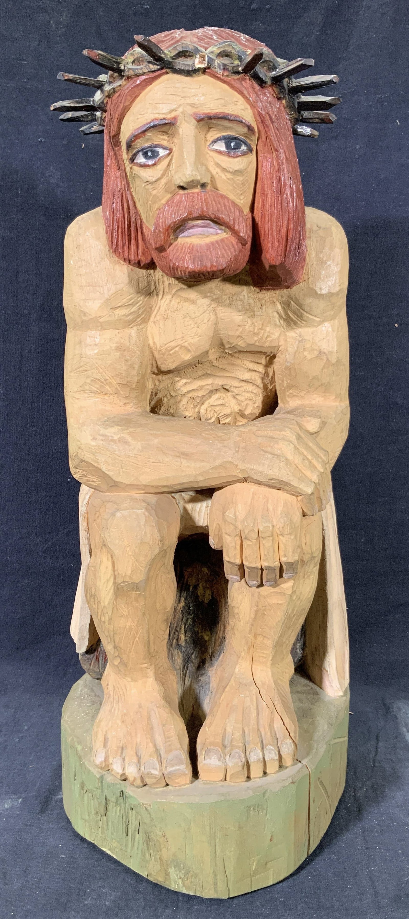 Signed Pensive Christ Painted Wood Carving 18.5in: Painted wood carving. Signed on verso of pedestal. Signature reads ? P2 Kossow?. Subject depicts a worried or pensive Jesus sitting with a halo of thorns before he is crucified. Sculpture measures app