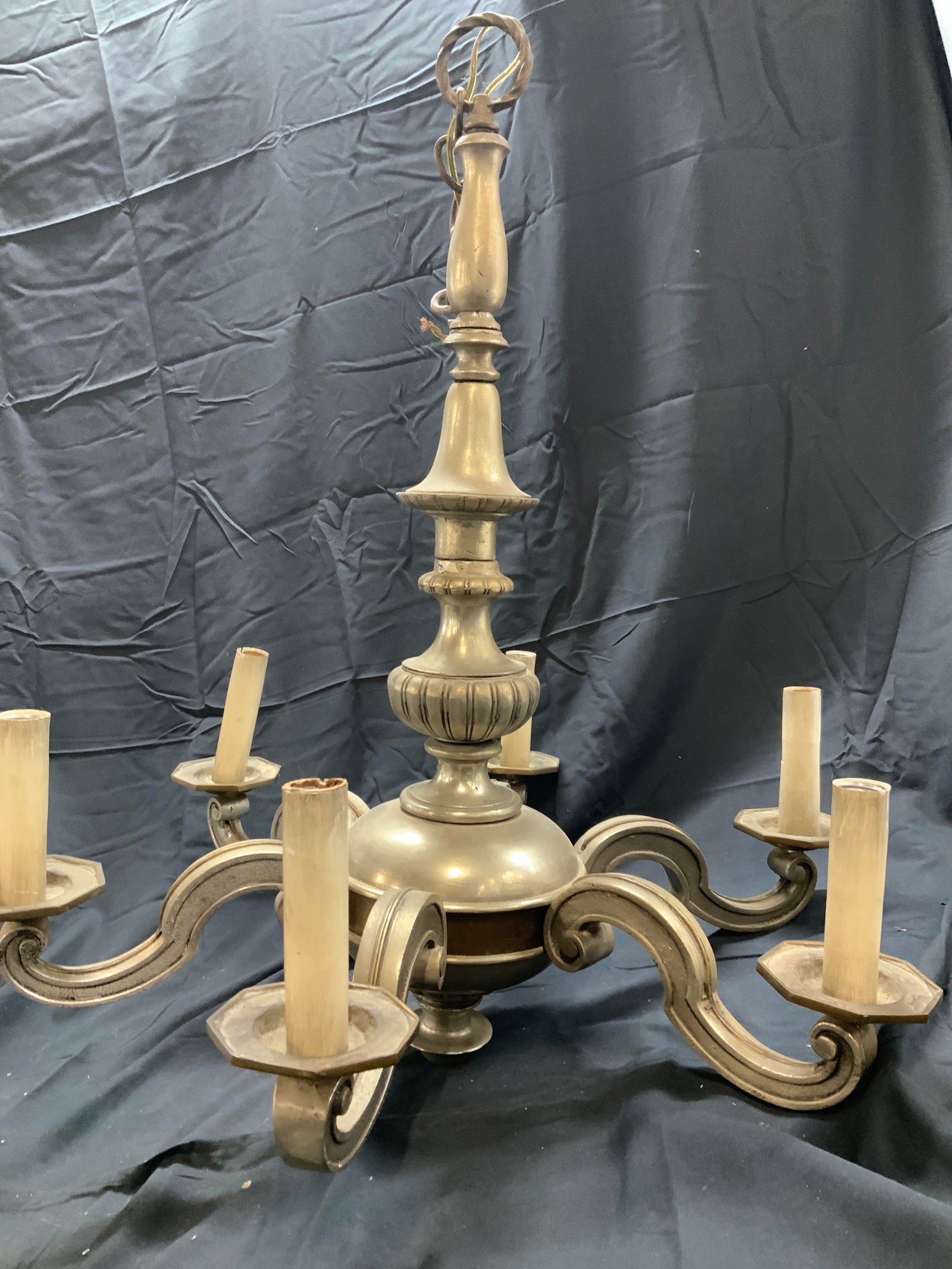 Heavy Metal 6 Arm Chandelier: Ceiling chandelier with 6 arms. 27.5 in. Wide x 31 in. Tall . Silver tone brushed metal with some brass accents. Up cycle - polish metal or spray paint to match your decor. Not tested for working cond