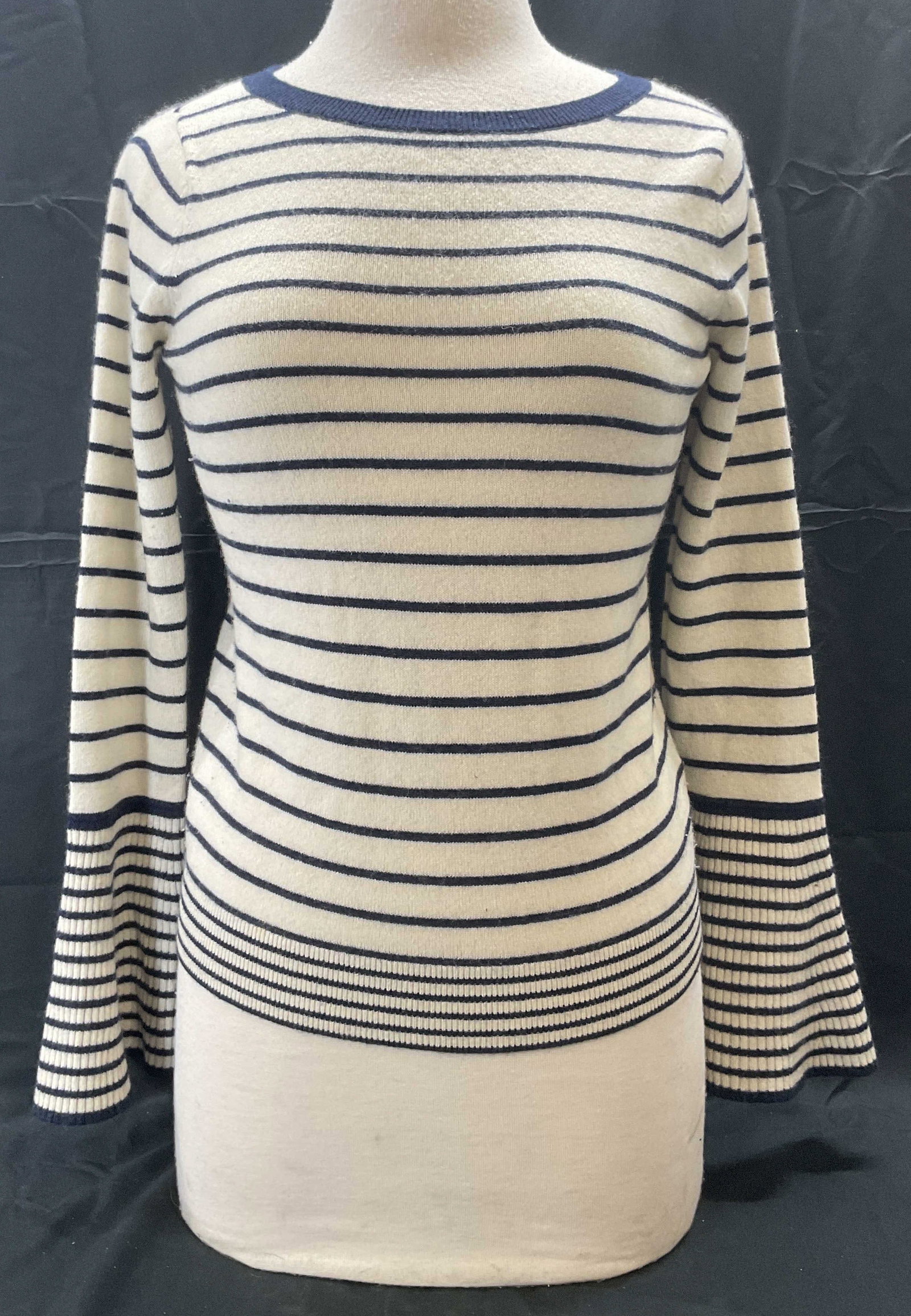 Club Monaco Blue/White Stripe Cashmere Sweater: Club Monaco blue and white striped sweater with bell sleeves. Size s. 100% cashmere. Some wear to material including pilling observed. Club Monaco, club Monaco cashmere, club Monaco cashmere sweater, 