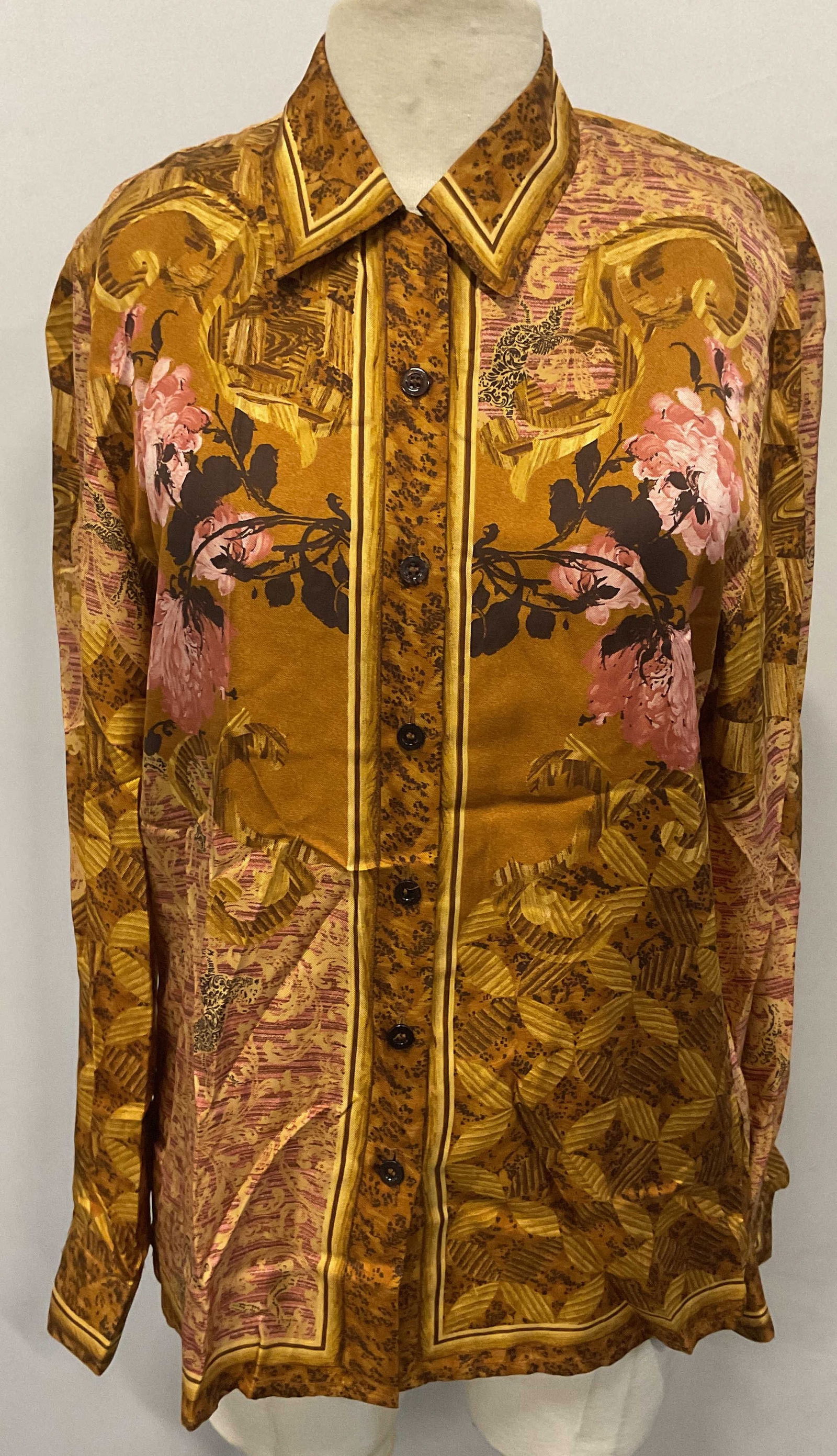 Vintage Escada Gold Silk Button Up Top: Vintage Escada long sleeve button up top with collar. Gold tone with floral print. Size 38. 100% silk. Some wear to material consistent with exposure. Escada, Escada top, ladies designer top, ladies d