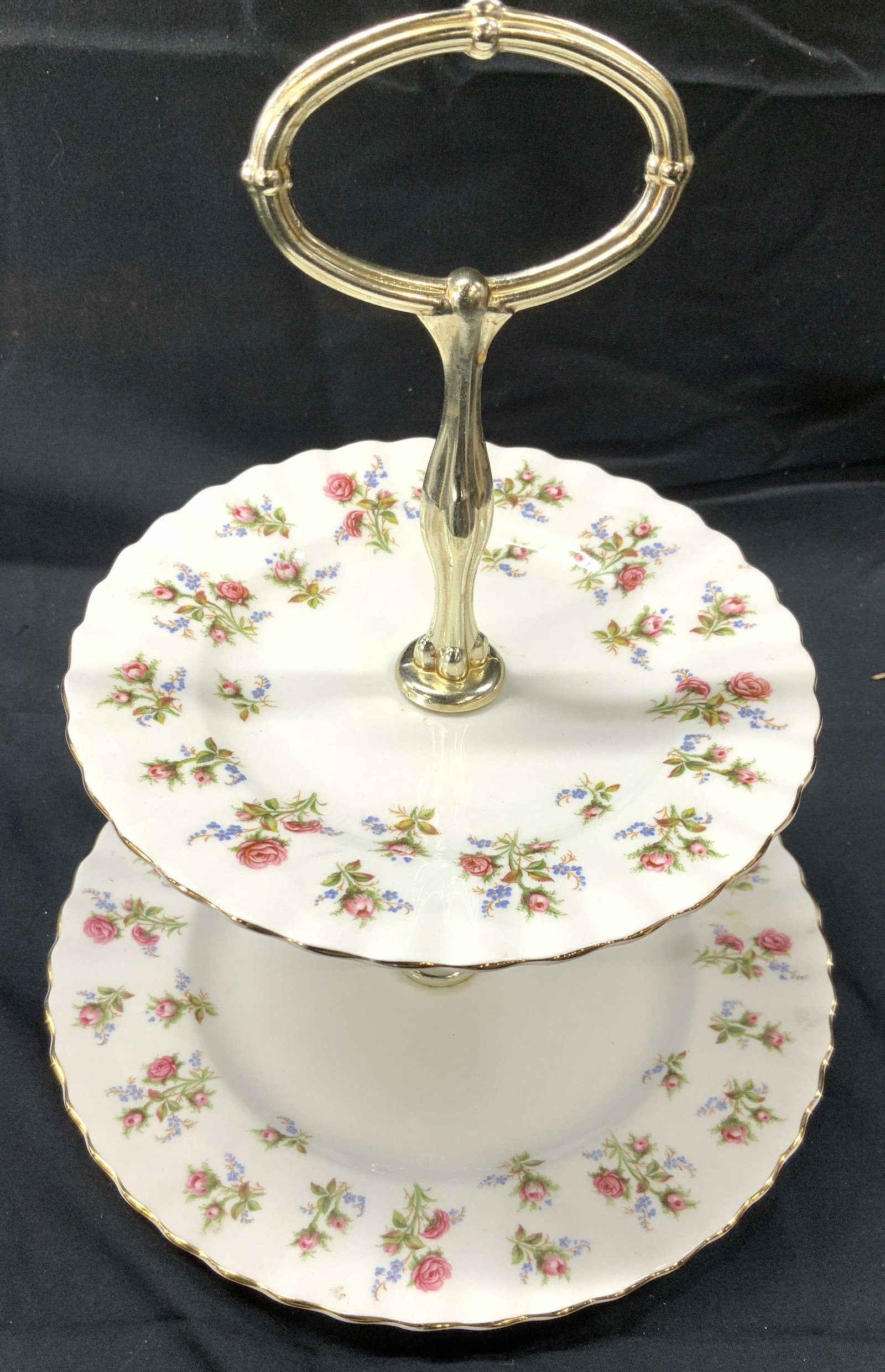 Royal Albert Winsome Porc. Tiered Dessert Tray: Hand painted porcelain double tiered cookie/dessert tray by Royal Albert, Winsome pattern with roses. Made in England. 8.25 in. Wide bottom tray, approx 10 in. Ht. Dessert Serverware, 2 tiered Royal A