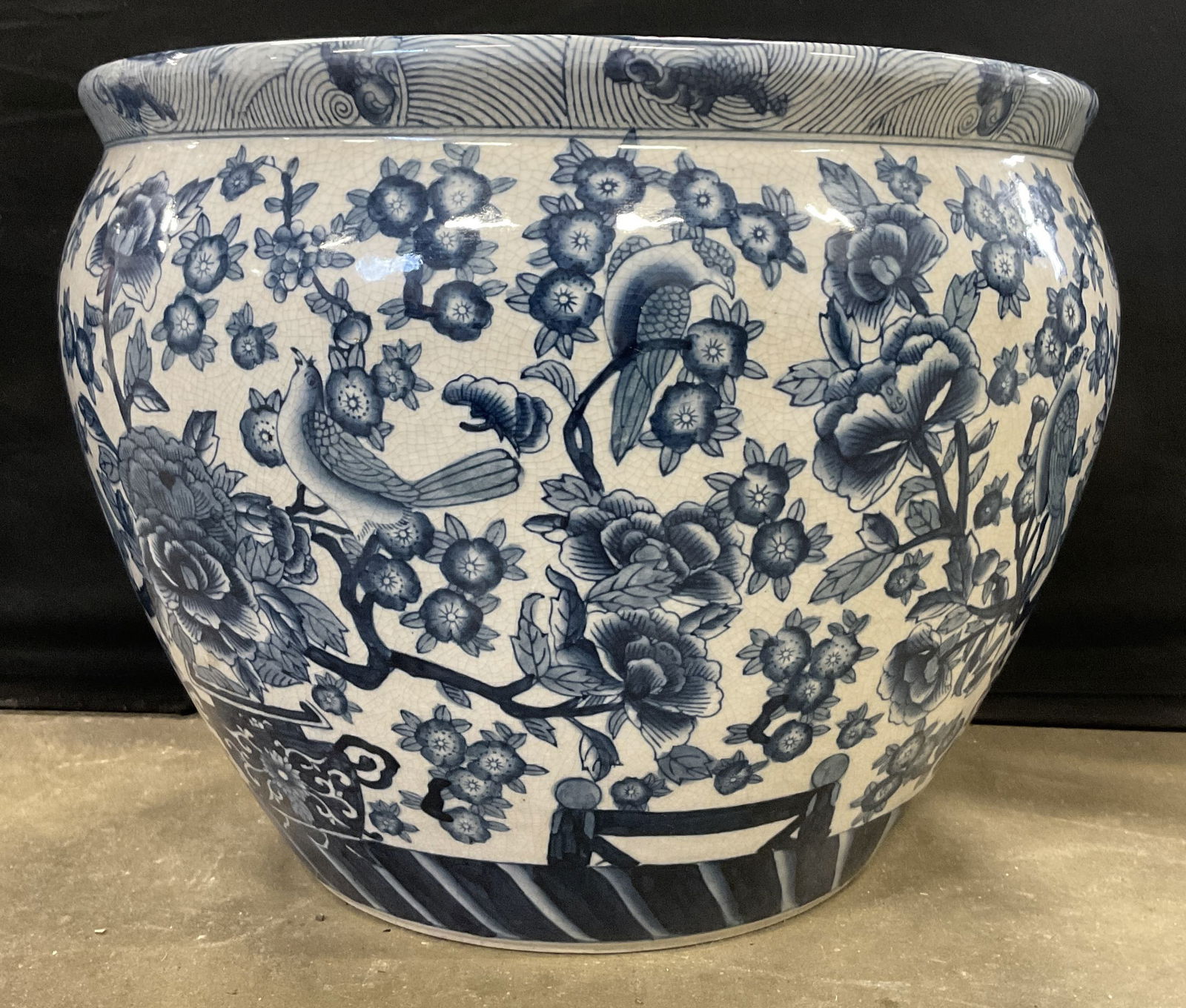 Signed Asian Blue & White Ceramic Fishbowl Planter (1 of 8)