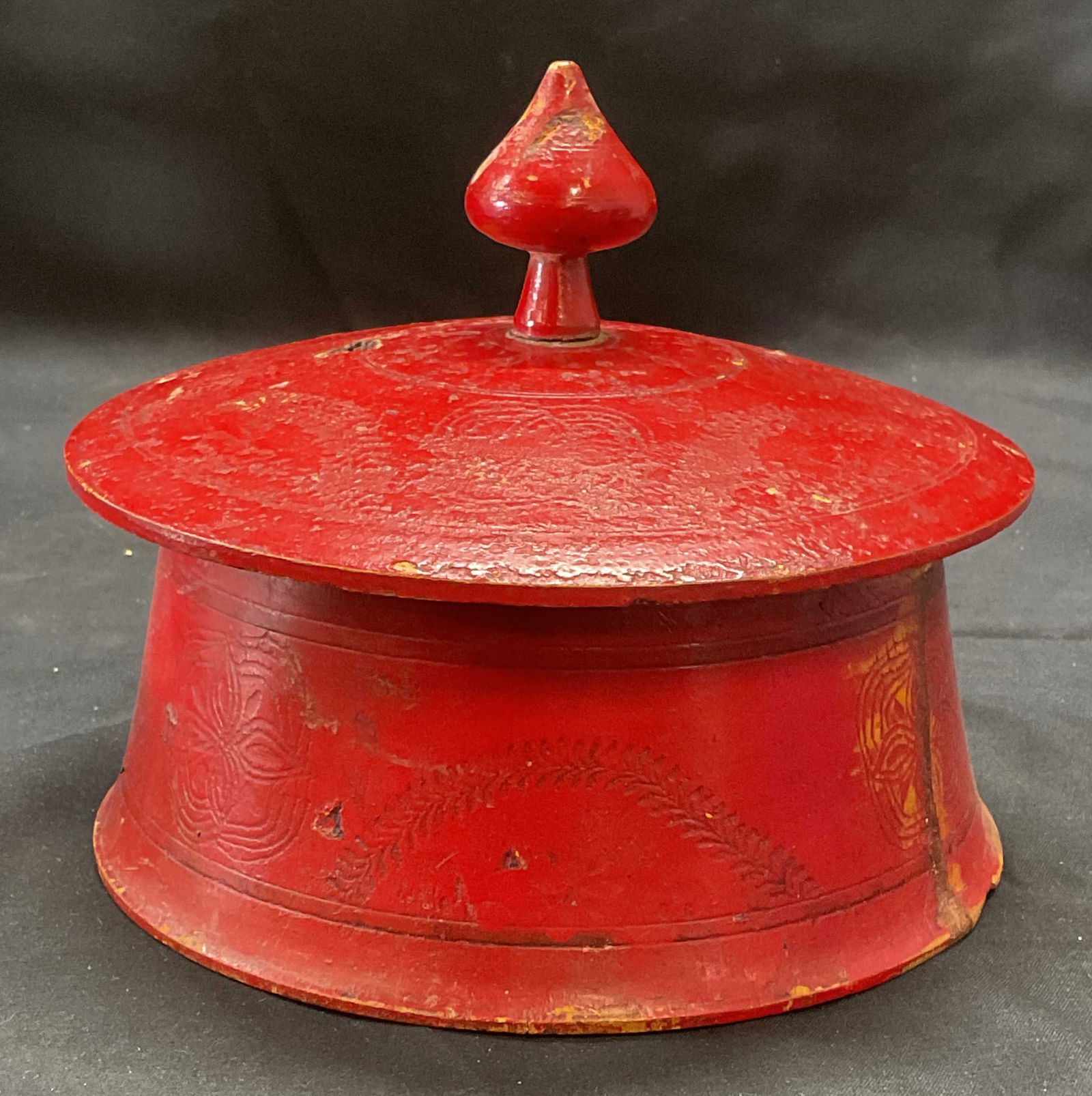 Antique Wooden Round Red Box with Lid (1 of 6)