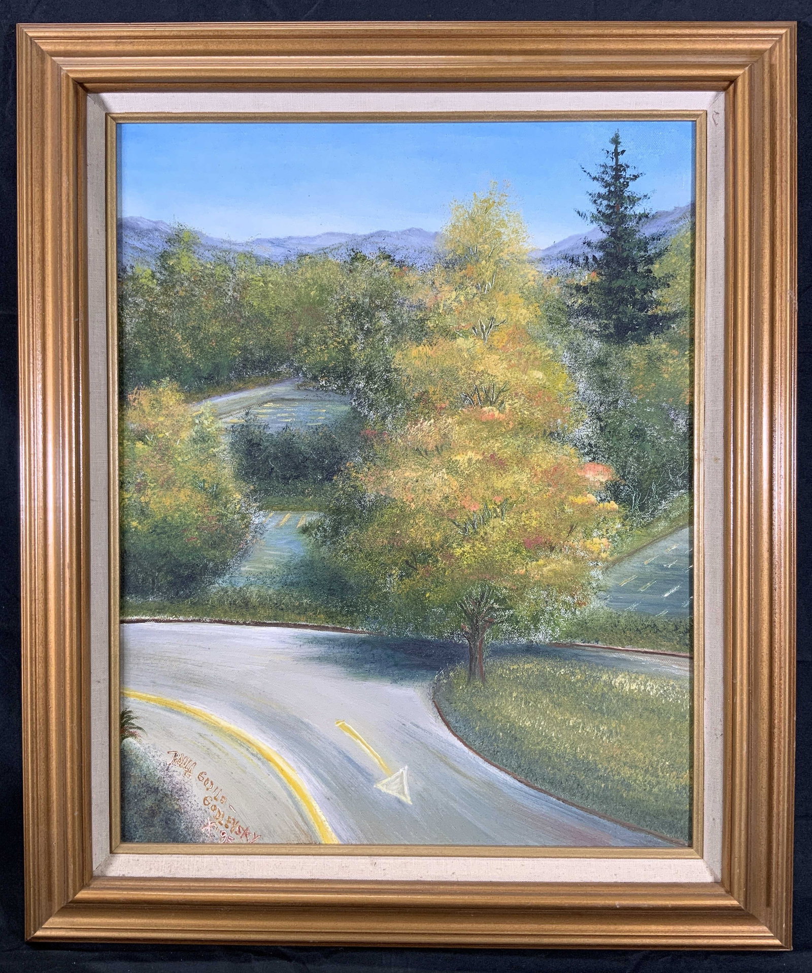 Signed Godlevsky Forest Road Oil Painting 1995: Oil paint on canvas. Signed in lower left corner. Signature reads Paula Godilo Godlevsky. Titled View from 426. Dated 1995. Subject depicts a vertical landscape of a winding road through a forest with