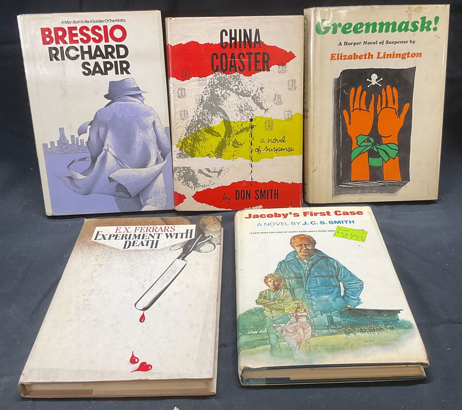 5 Vntg Mystery & Suspense 1st Edt Books 1953-1981: Lot of 5 vintage hardcover mystery and suspense books. Greenmask! By Elizabeth Linington, Harper and Row, 1964. Bressio by Richard Sapir, Random House, 1975. Experiment with Death by E. X. Ferrars, Do