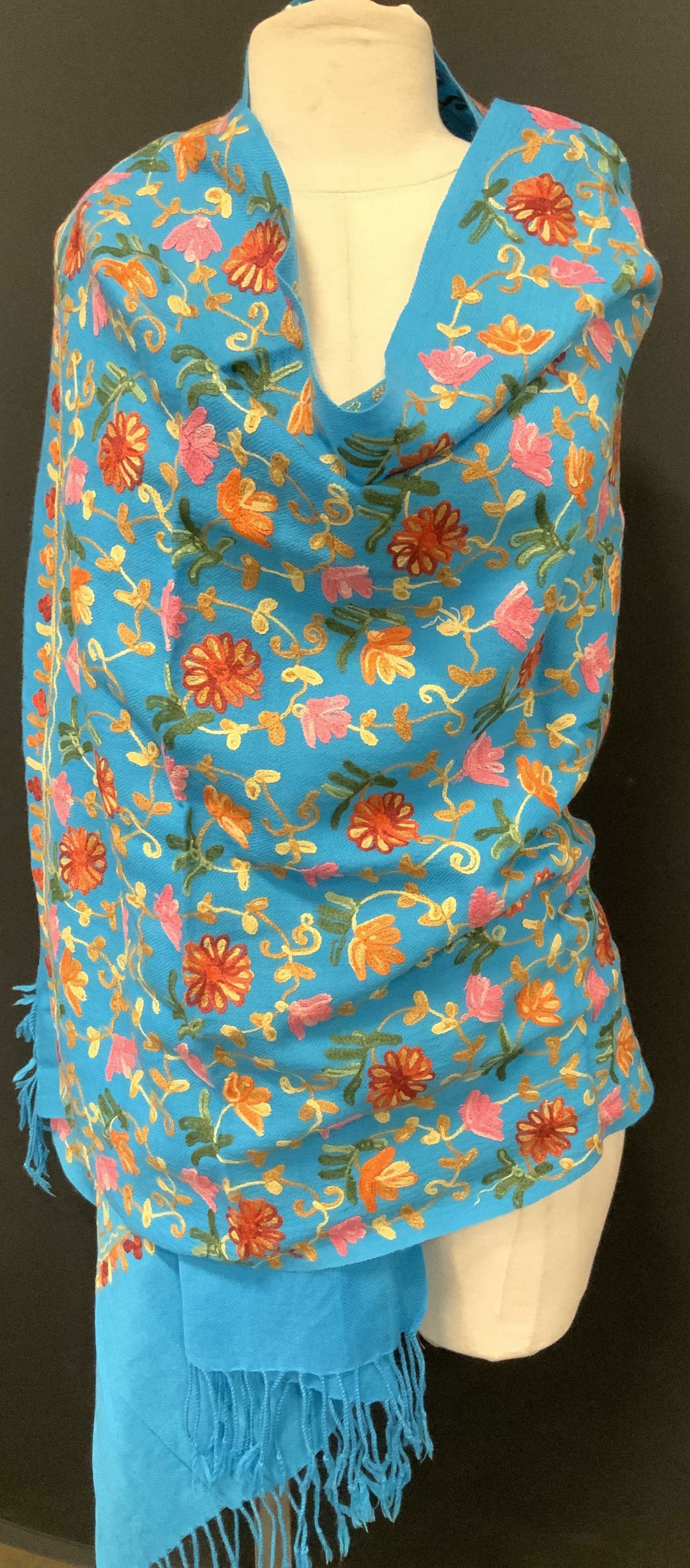 Embroidered Bright Turquoise Wool Shawl (1 of 8)