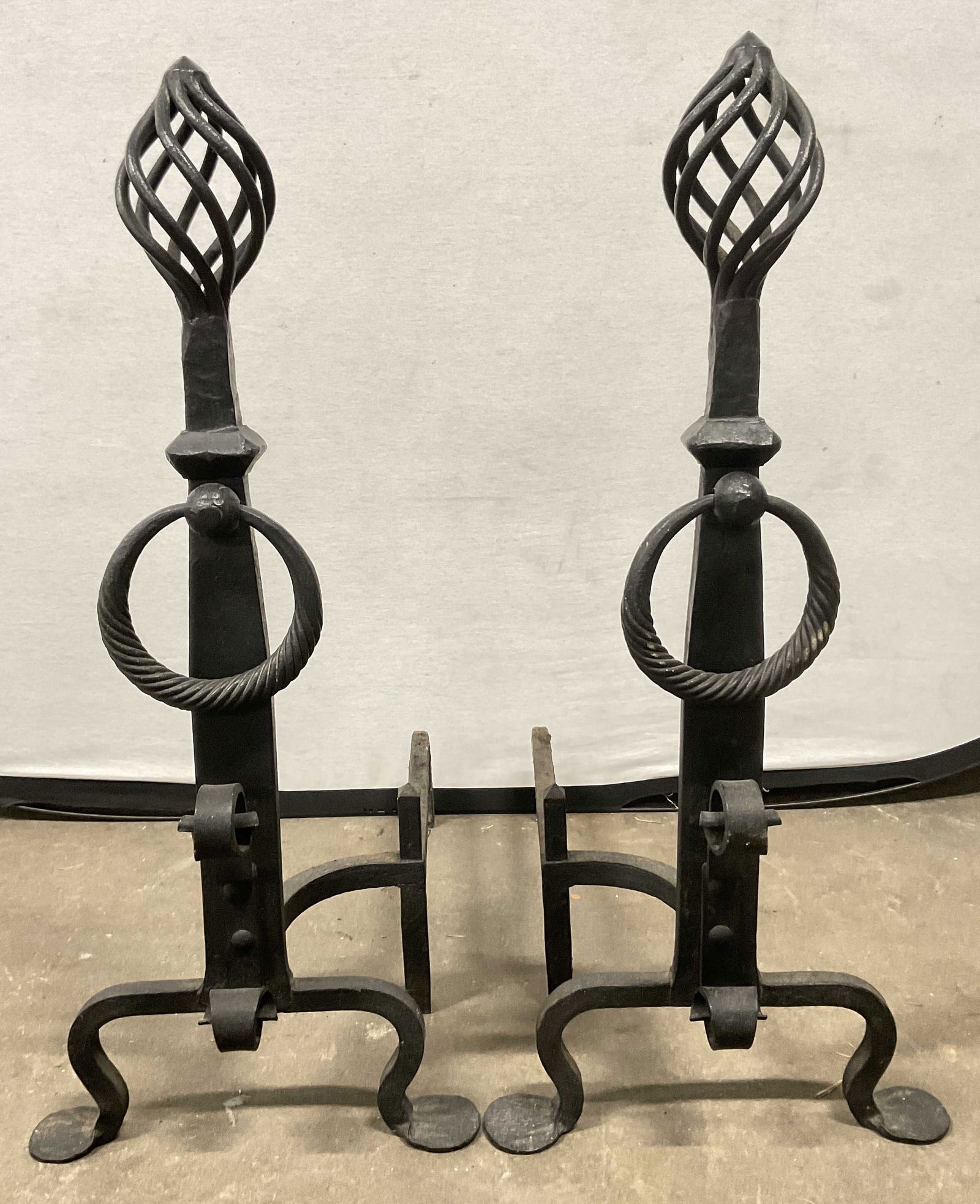 Pair Vintage Laced Spire Iron Fireplace Andirons (1 of 7)