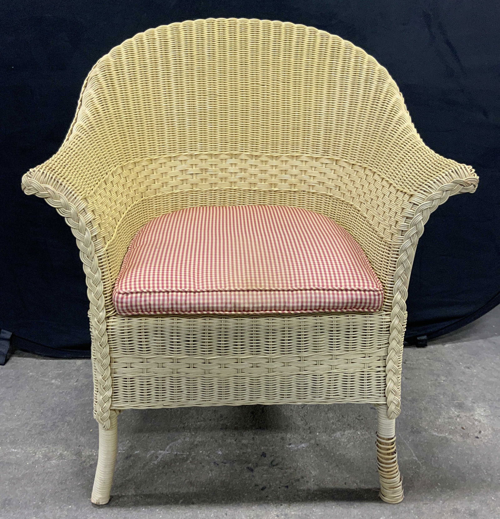 Vntg Wicker Barrel Back Armchair W Cushion Yellow (1 of 8)