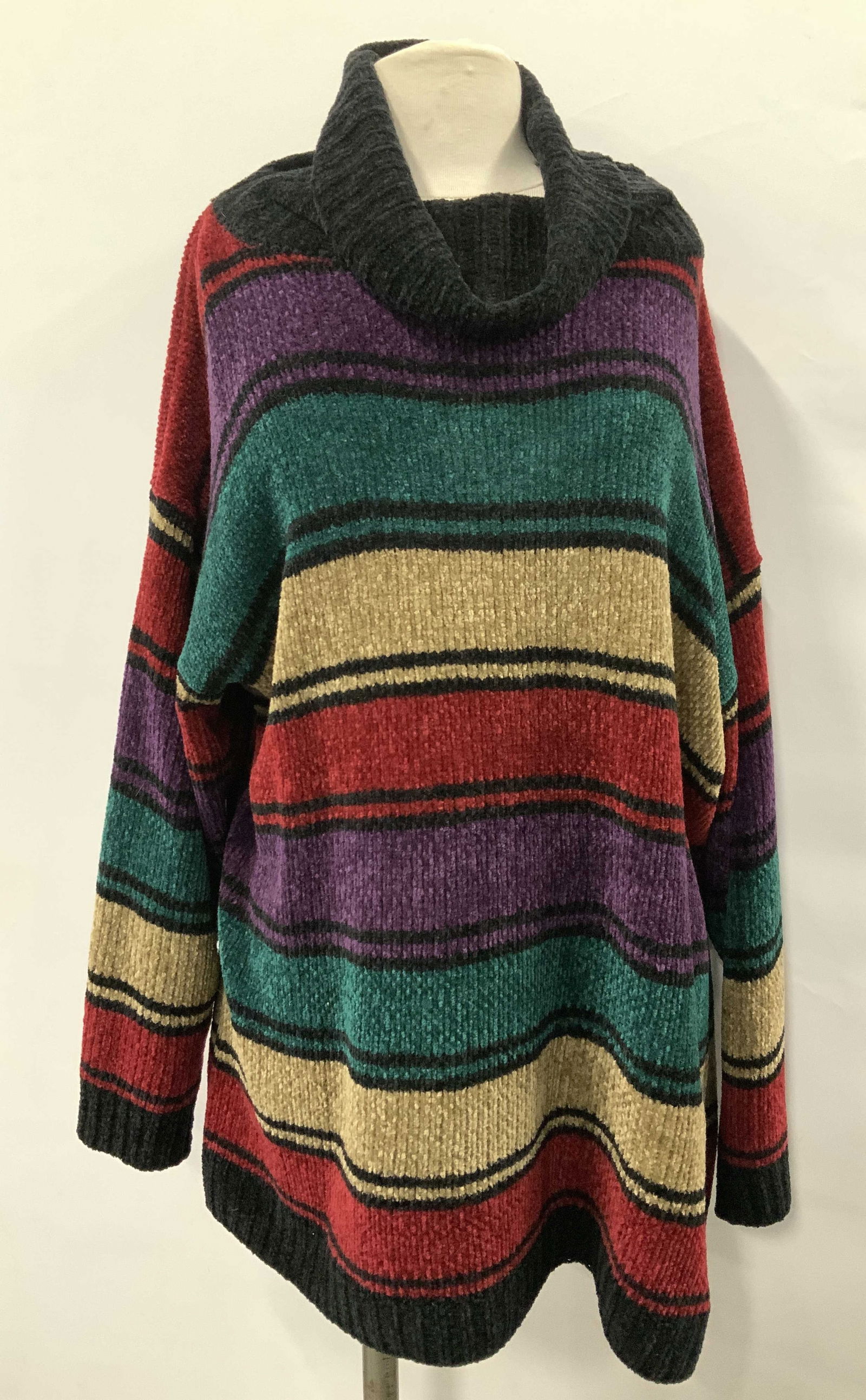 Basic Editions Chenille Turtleneck Sweater: Plus size ladies sweater with wide multichrome stripes in colors of wine, beige, green, black, and purple. Acrylic chenille. Size 2X/ 22W. Ladies sweater, ladies plus size winter sweater, ladies fashi