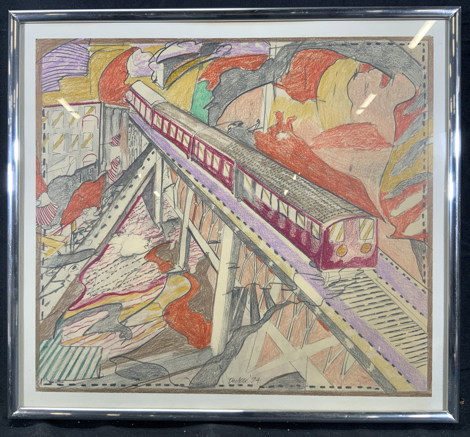 Tucker Signed Vntg Train in the City Illustration: Crayon on paper. Signed on bottom center. Signature reads Tucker. Dated 1974. Subject depicts a cityscape with a train going over head of the street. Framed in a silver gilt wooden frame. Frame measur