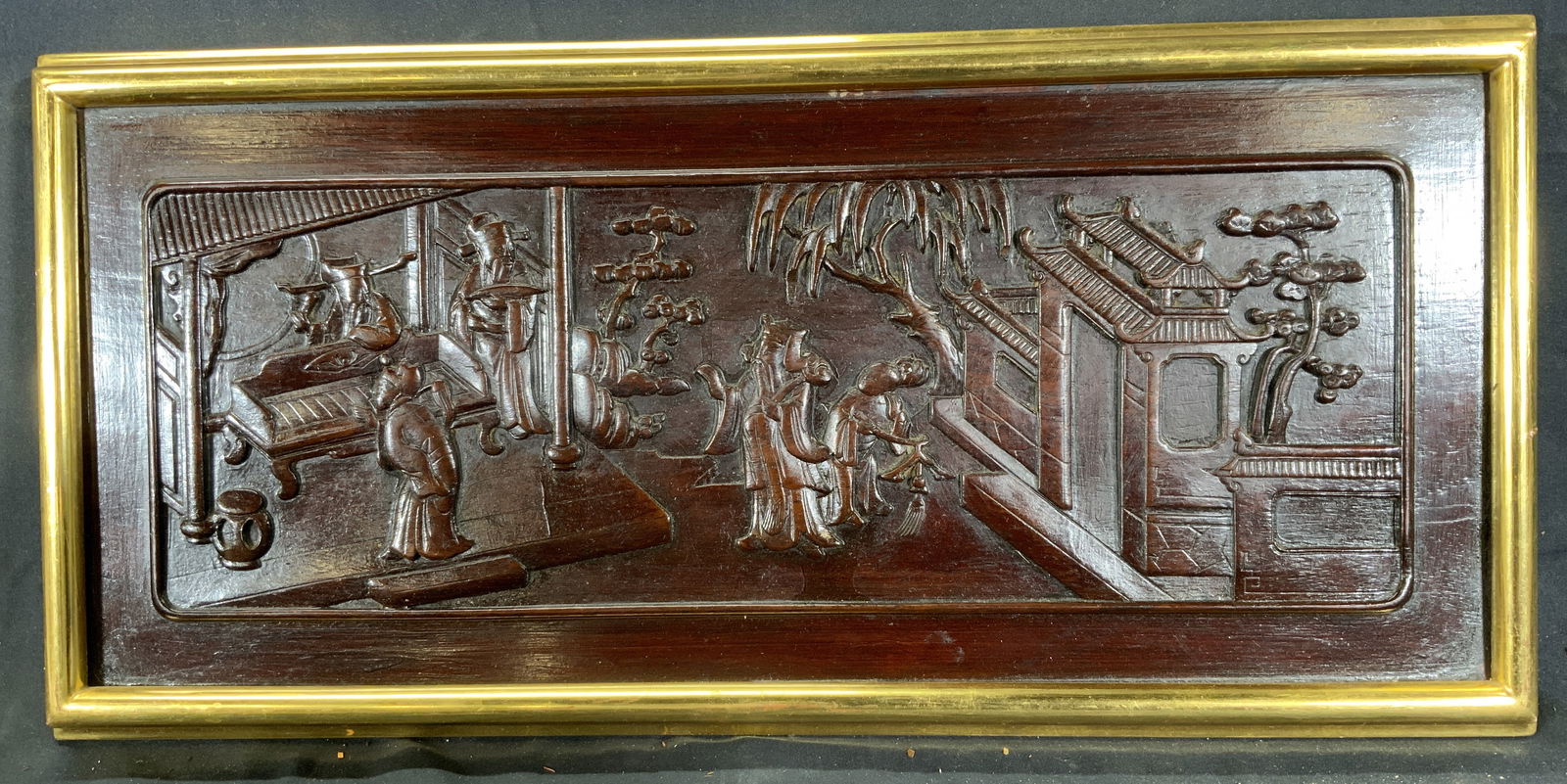 Framed Asian Carved Wooden Relief Wall Panel (1 of 10)