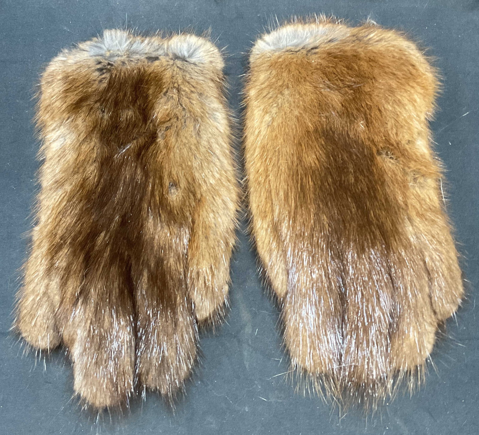 Vntg Musquash & Rabbit Fur & Leather Gloves USA: Vintage Musquash and rabbit fur gloves with leather. Fur origin France. Made in USA. Measure approx. 9 inches long. Wear to material including shedding and wear to leather observed. Musquash gloves, r