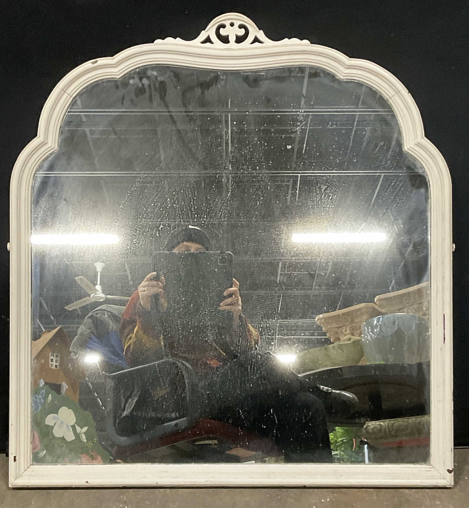Vintage White Wooden Mirror: A vintage white wooden mirror. Metal wire to reverse. Measures approx. 32.5L x 30W in. Chipping, losses to finish, and surface wear present. home decor, home accents, homewares, housewares, home acces