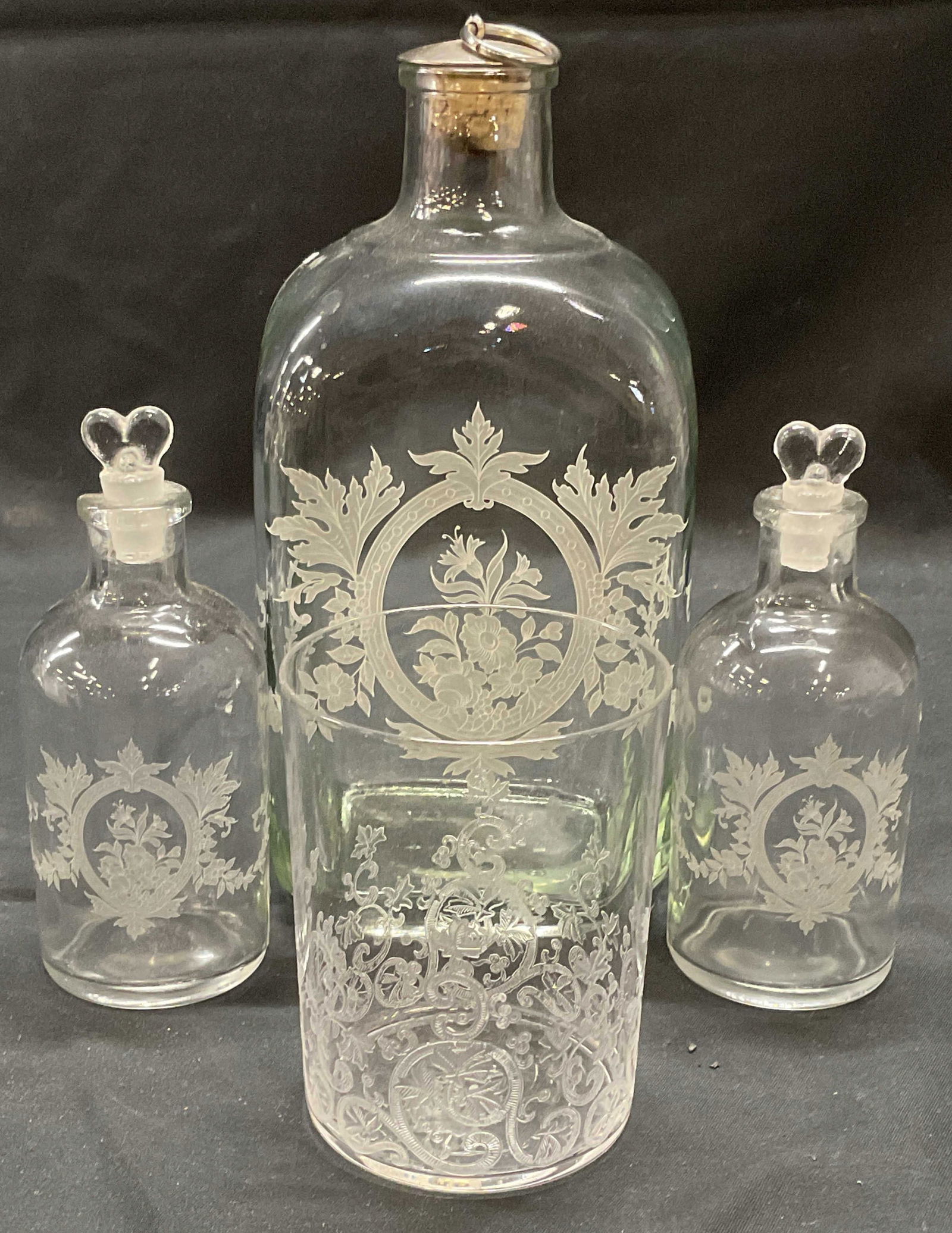 Lot 4 Floral Glass Bottles & Lowball Glass (1 of 8)