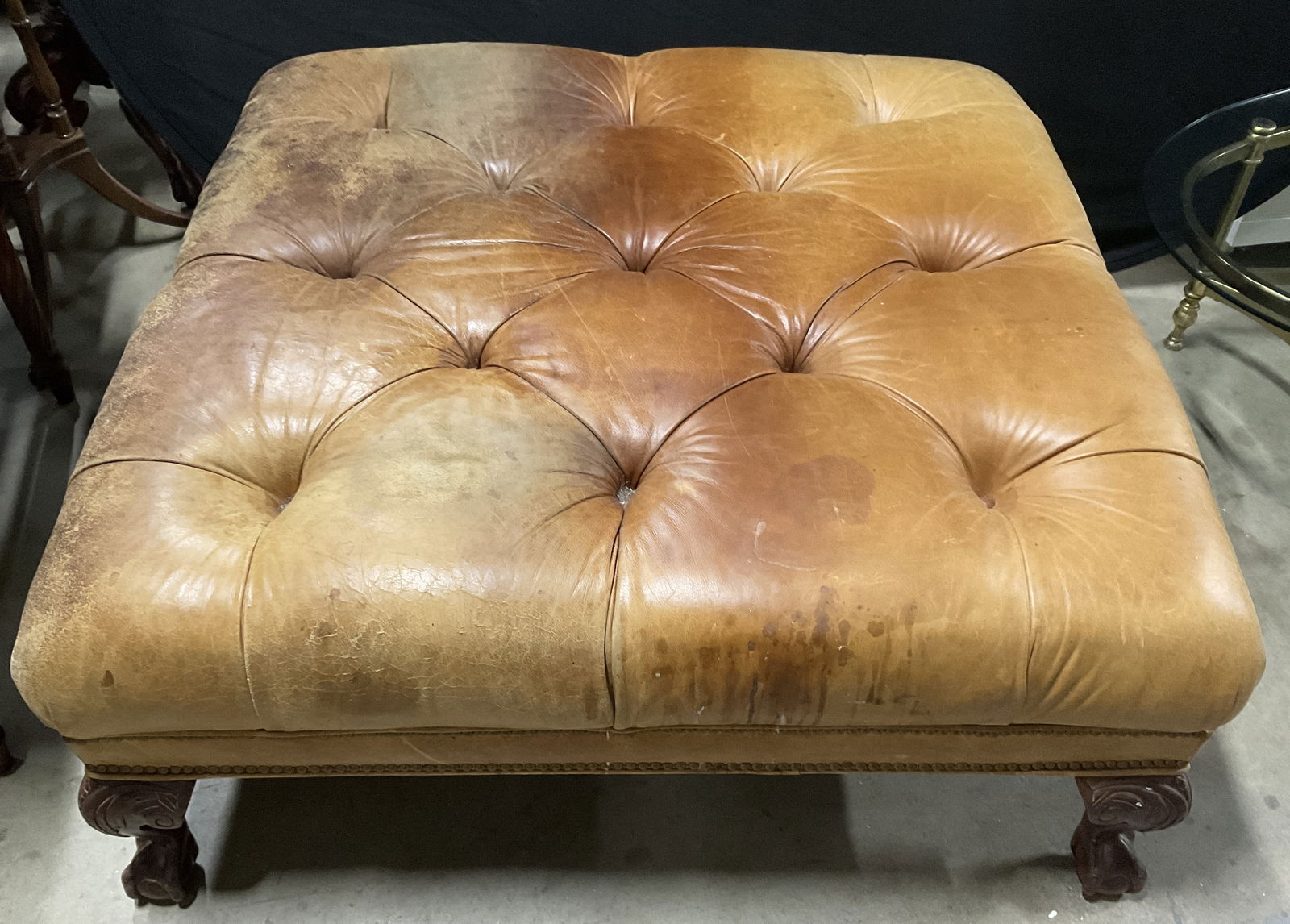 XL Vntg Tufted Leather Ottoman W/ Claw & Ball Feet (1 of 13)
